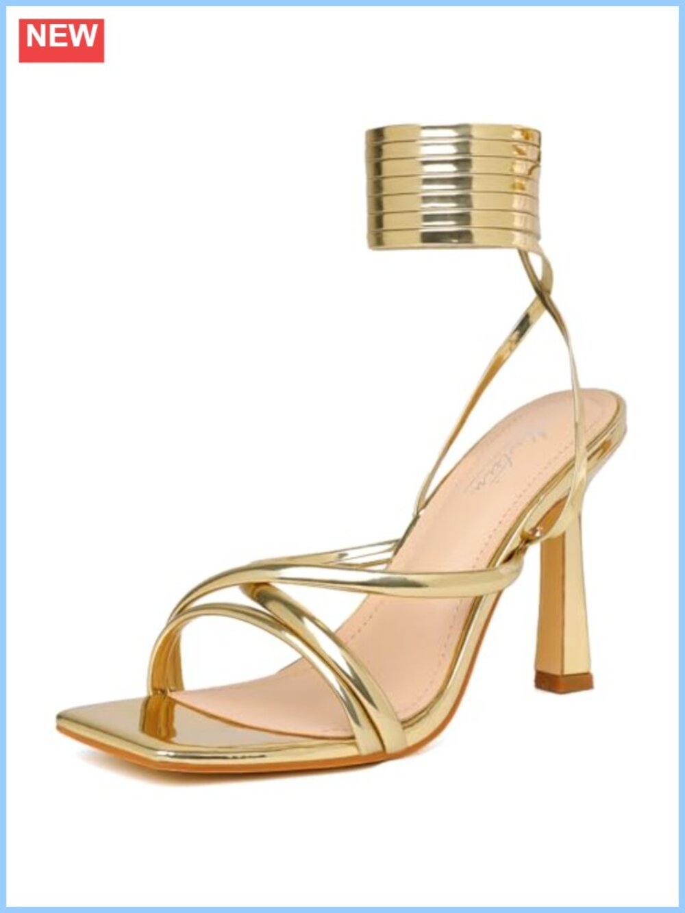 Strappy Lace Up Square Open Toe Stiletto Heels for Women, Faux Leather